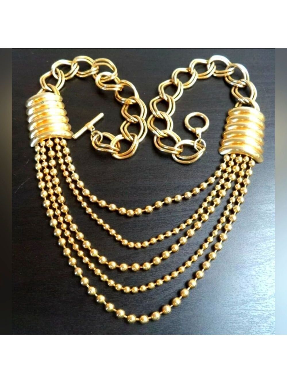 Stephan-Adrian Curb & Ball Chain Multi Strand Necklace Polished Gold Tone 25"